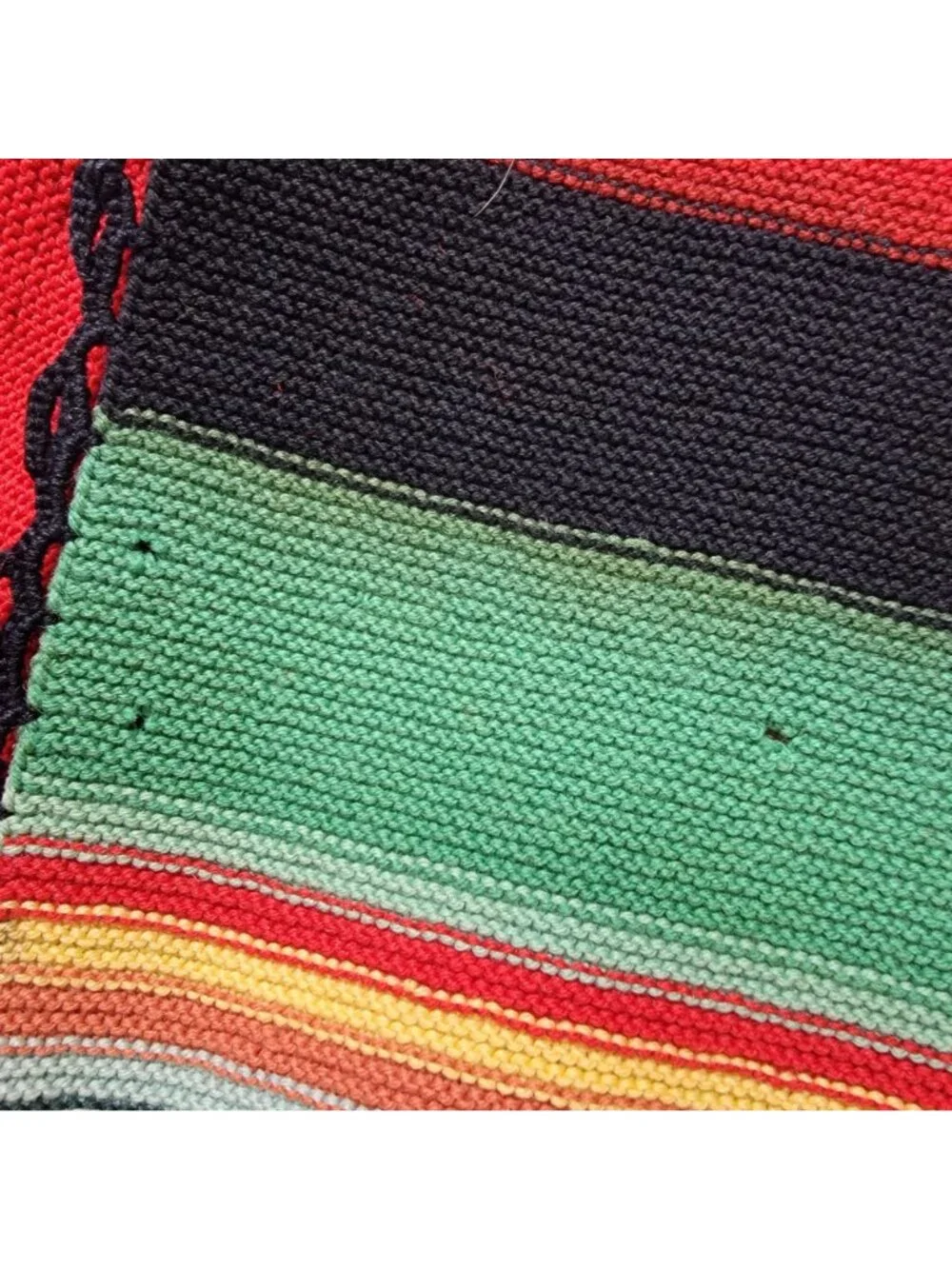 Vintage Mexican Woven Serape Blanket Multicolor Striped With Black Crochet Trim